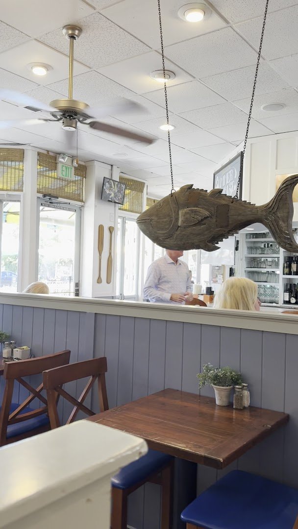 American restaurant interior with relaxed coastal decor.