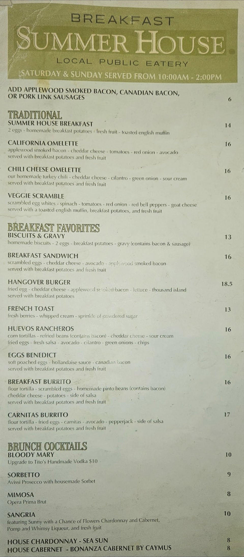 Printed menu featuring classic comfort food options.